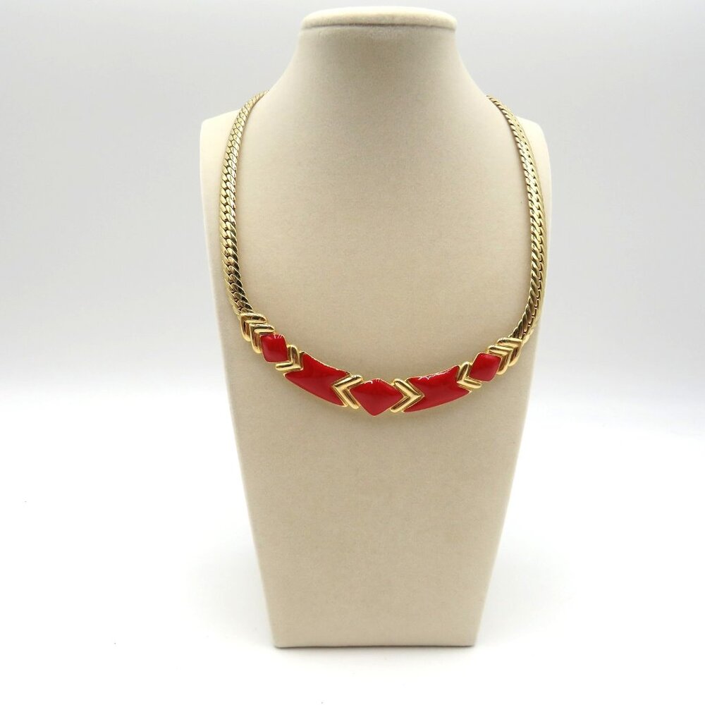 Vintage Statement Necklace 18" Geometric Chevron Collar‎ Gold Tone Red Enamel